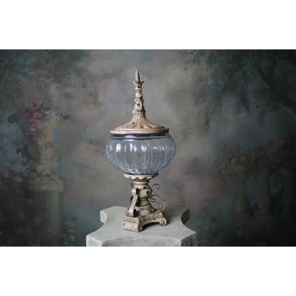 Decorative Crackle Glass Jar With Fleur-de-lis Lid Metal Work Aged - Picture 9 of 9